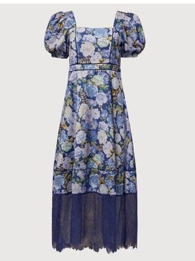 Rachel Parcell Navy and Light Blue Floral Puff Sleeve Midi Dress sz.2